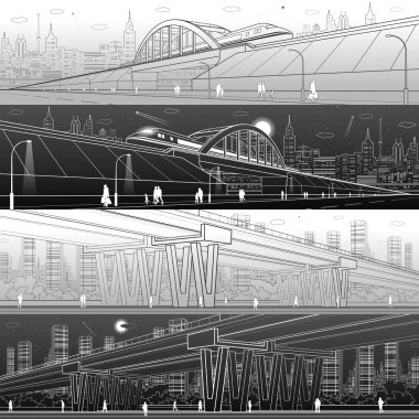 Kentsel altyapı panorama. Tren hareket demiryolu Köprüsü, taşıma Üstgeçit, arka plan, endüstriyel mimari, kule ve gökdelen, insanlar yürürken, insanlar üzerinde modern şehir. Vektör tasarım sanat 