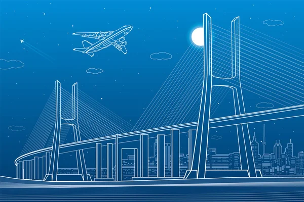 Большой кабельный мост, ночной современный город на заднем плане, самолет муха, векторный дизайн искусства — стоковый вектор