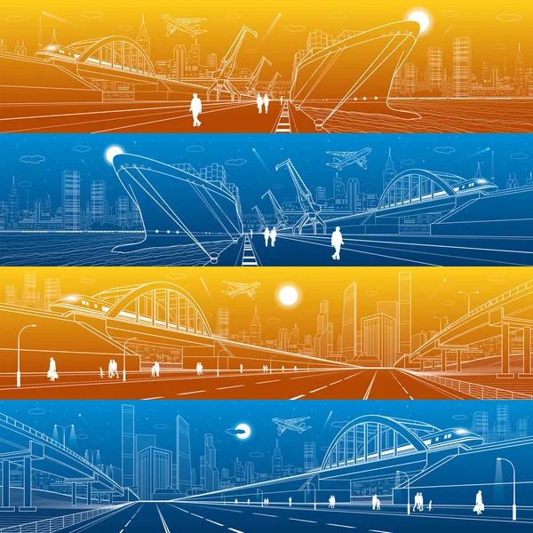 Transport und Industriepanorama. Frachtschiffverladung, Boote auf dem Wasser, Seehafen. Zug bewegt sich auf Eisenbahnbrücke. Flugzeuge fliegen. Menschen zu Fuß. Infrastrukturillustration. Vektordesign-Kunst — Stockvektor