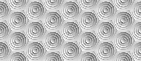 Volym realistiska cirklar prägling textur, ut i honeycomb, vit bakgrund, 3d geometriska sömlösa mönster, design vektor tapeter — Stock vektor