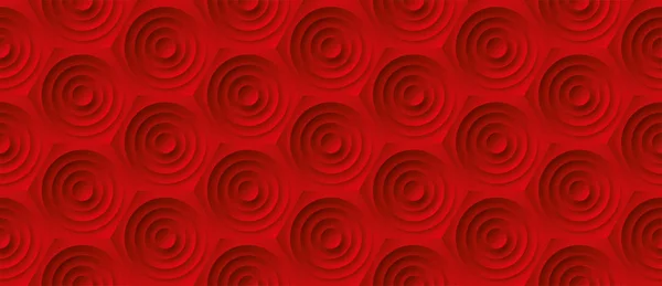 Volume textura de gravação realista, círculos em favo de mel, fundo vermelho, 3d padrão geométrico sem costura, papel de parede vetor de design — Vetor de Stock