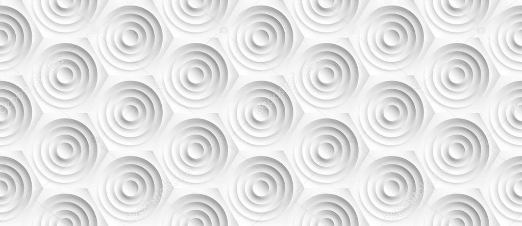Volume realistic embossing texture, circles ut in honeycomb, white background, 3d geometric seamless pattern, design vector wallpaper