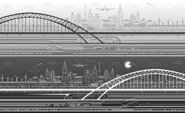 Illustrazione delle linee vettoriali, spostamento del treno sul ponte, città leggera sullo sfondo, volo in aereo, scena infrastrutturale, giorno e notte, arte del design — Vettoriale Stock