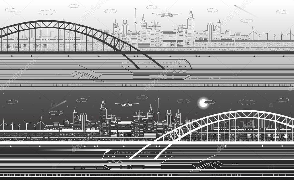 Vector lines illustration, train move on the bridge, light city on background, airplane fly, infrastructure scene, day and night, design art