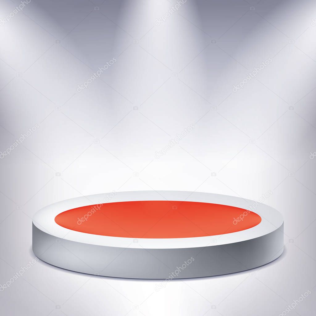 Illuminated podium, red inside, award pedestal, geometry shape, vector design object for you project