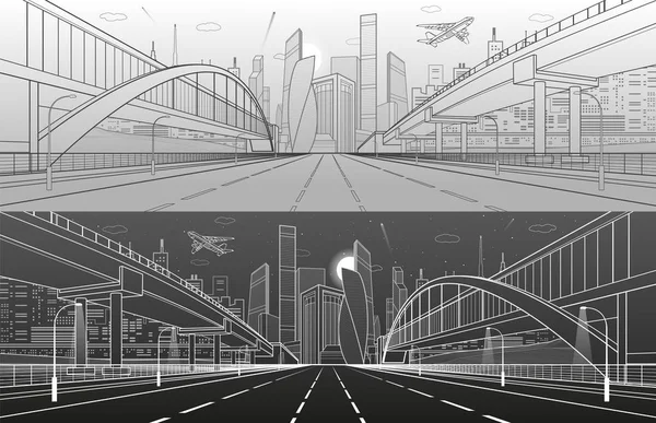 Pedestrian bridge across the highway. Road overpass. Infrastructure, modern city on background, industrial architecture. White and black lines illustration, urban scene, vector design art — Stock Vector