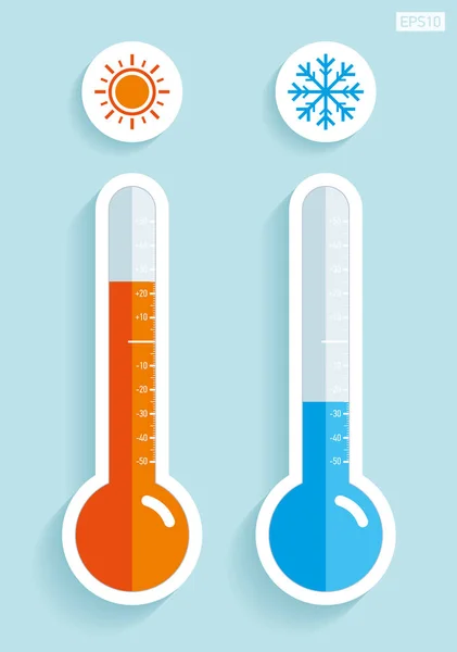 Thermometers in flat style, cold and hot temperature, design element on color background. Vector design object — Stock Vector