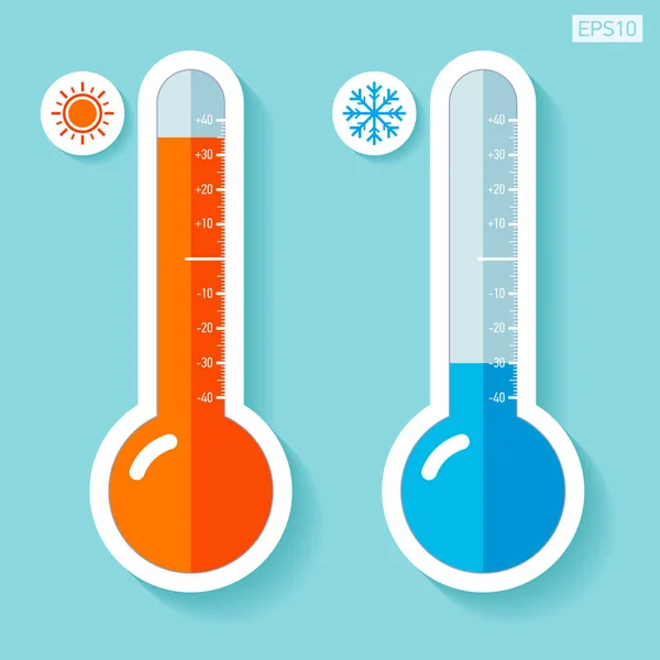 Hőmérők, lapos stílusú, hideg és meleg hőmérséklet, design elem, a háttér színét. Vector design objektum — Stock Vector
