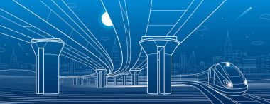 Yol Üstgeçit. Ulaşım Köprüsü. Sürmek tren. Kentsel altyapı, arka planda, endüstriyel mimari modern şehir. İllüstrasyon, vektör tasarım sanat beyaz çizgiler 