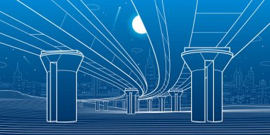 Yol Üstgeçit. Ulaşım Köprüsü. Kentsel altyapı, arka planda, endüstriyel mimari modern şehir. İllüstrasyon, vektör tasarım sanat beyaz çizgiler 