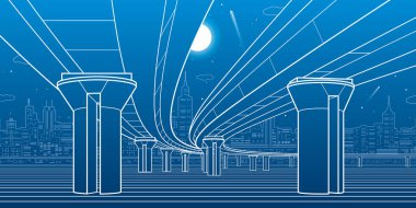 Yol Üstgeçit. Ulaşım Köprüsü. Kentsel altyapı, arka planda, endüstriyel mimari modern şehir. İllüstrasyon, vektör tasarım sanat beyaz çizgiler 