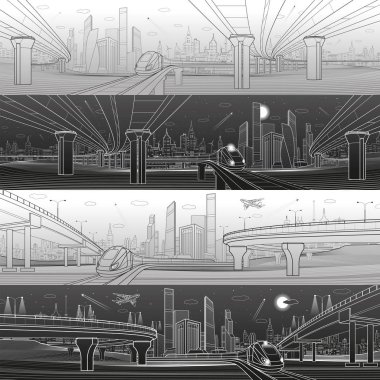 Altyapı panorama küme. Yol Üstgeçit. Otomobil otoban. Ulaşım Köprüsü. Sürmek tren. Kentsel sahne, arka planda, endüstriyel mimari modern şehir. Beyaz çizgiler, vektör tasarım sanat 