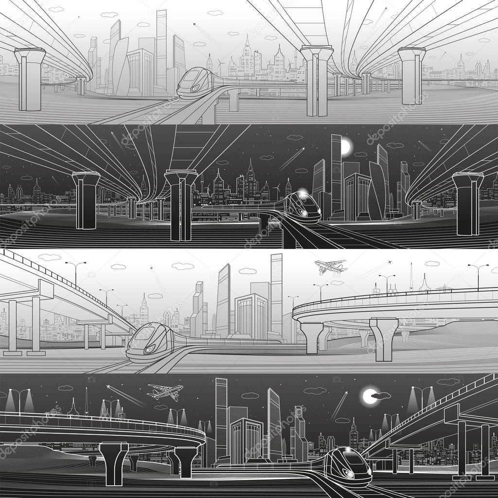 Infrastructure panorama set. Road overpass. Automobile highway. Transportation bridge. Train rides. Urban scene, modern city on background, industrial architecture. White lines, vector design art 