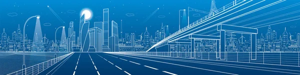 Automotive flyover, architectural and infrastructure panorama, transport overpass, highway. Business center, night city, towers and skyscrapers, white lines urban scene, vector design art — Stock Vector