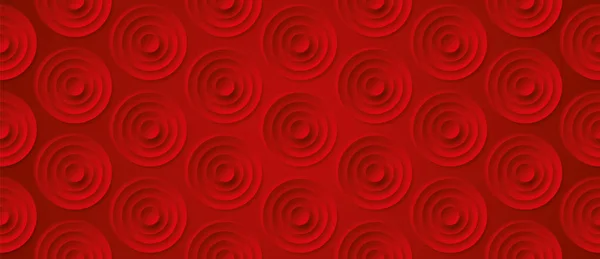 Volume realistic embossing circles texture, red background, 3d geometric seamless pattern, design vector wallpaper — Stock Vector