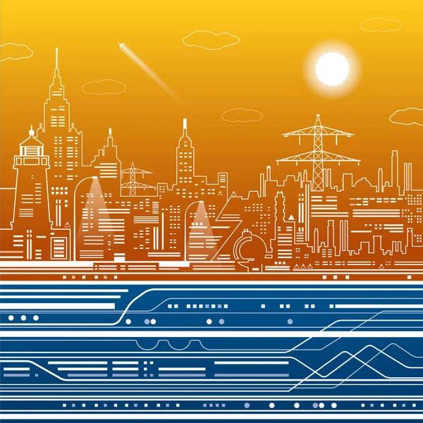 Illustrazione delle infrastrutture, città moderna, aereo volare, mossa del treno, scena urbana, linee bianche su sfondo blu e arancione, arte di progettazione vettoriale — Vettoriale Stock