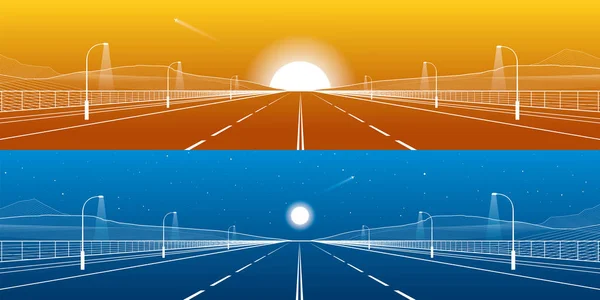 Day and night empty highway panorama set. Big road. Mounrains on background. White lines on blue and orange background, vector design art — Stock Vector