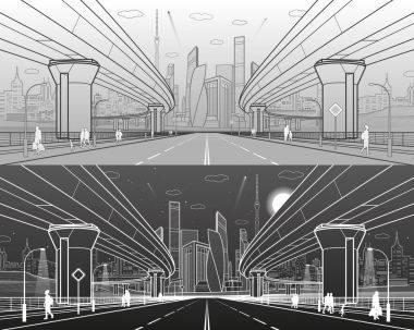 Yol Üstgeçit. Büyük otoyol. Ulaşım Köprüsü. Kentsel altyapı, arka planda, endüstriyel mimari modern şehir. İnsanlar gider. Kule ve gökdelen. Satırları illüstrasyon, vektör tasarım sanat 