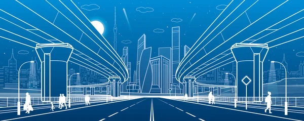 Paso elevado por carretera. Gran autopista. Puente de transporte. Infraestructura urbana, ciudad moderna sobre fondo, arquitectura industrial. La gente va. Torres y rascacielos. Ilustración de líneas blancas, arte de diseño vectorial — Vector de stock