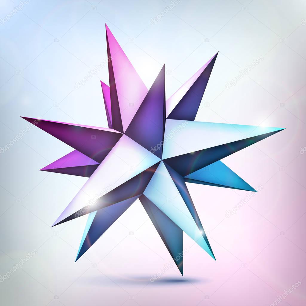 Multicolored sparkling star. Volume polyhedron. 3d object, geometry shape, mesh version, abstract vector element
