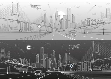 Büyük köprü. Geniş otoyol. Yol Üstgeçit. Şehir altyapı, arka planda, endüstriyel mimari modern şehir. İnsanlar yürürken, insanlar. Kamyon sürmek. Beyaz ve siyah çizgiler, kentsel sahne, vektör tasarım sanat 