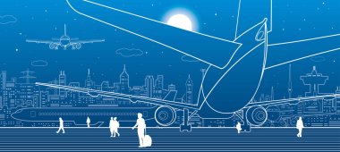 Havaalanı sahne. Uçak piste var. Havacılık ulaşım altyapısı. Uçak sinek, insanlar uçağa. Gece şehir arka planda, vektör tasarım sanat