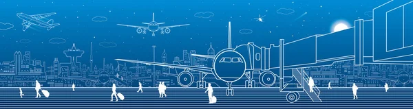 Αεροδρόμιο Πανόραμα. Το αεροπλάνο είναι στο διάδρομο. Υποδομή μεταφορών της αεροπορίας. Μύγα αεροπλάνο, άνθρωποι πάρουν στο αεροπλάνο. Νύχτα πόλη σε φόντο, διανυσματική σχεδίαση τέχνη — Διανυσματικό Αρχείο