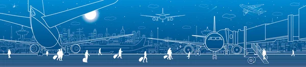 Flughafenpanorama. Das Flugzeug steht auf der Landebahn. Luftverkehrsinfrastruktur. Flugzeuge fliegen, Menschen steigen ins Flugzeug. Nacht Stadt auf Hintergrund, Vektor-Design-Kunst — Stockvektor