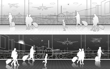 Havaalanı terminal, pist, uçak kalkış, havacılık sahne, yolcu uçağı uçuş, arka plan, vektör tasarım sanat üzerinde ulaşım altyapısı bekliyoruz.