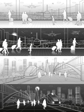 Taşıma kümesi. Havacılık ve demiryolu illüstrasyon. Havaalanı terminal, uçak pistte, uçuş insanlar bekliyor. Tren sürmek, yolcu servis istasyonu, modern şehir, şehir manzarası, vektör tasarım sanat