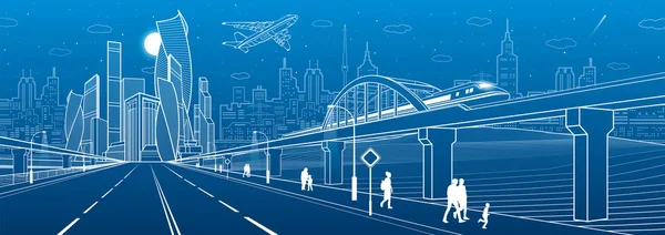 Railway bridge over highway. Urban infrastructure panorama, modern city on background, industrial architecture. Train rides. Airplane fly. People walking. White lines, night scene, vector design art — Stock Vector