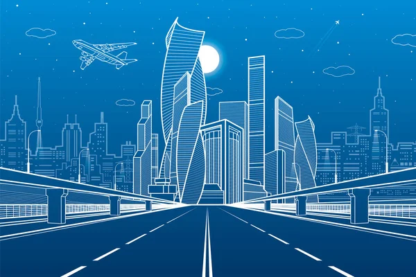 Wide highway. Urban infrastructure illustration, futuristic city on background, modern architecture. Airplane fly. White lines on blue background, night scene, vector design art — Stock Vector