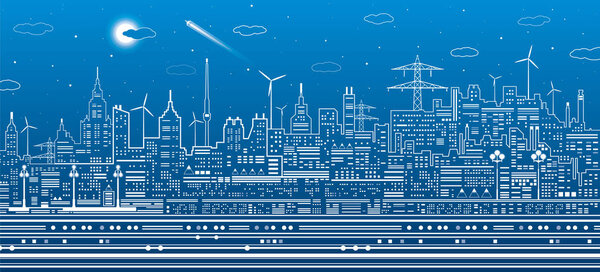 Ночная городская сцена, иллюстрация городской инфраструктуры, современный панорамный город, белые линии на синем фоне, векторный дизайн
 