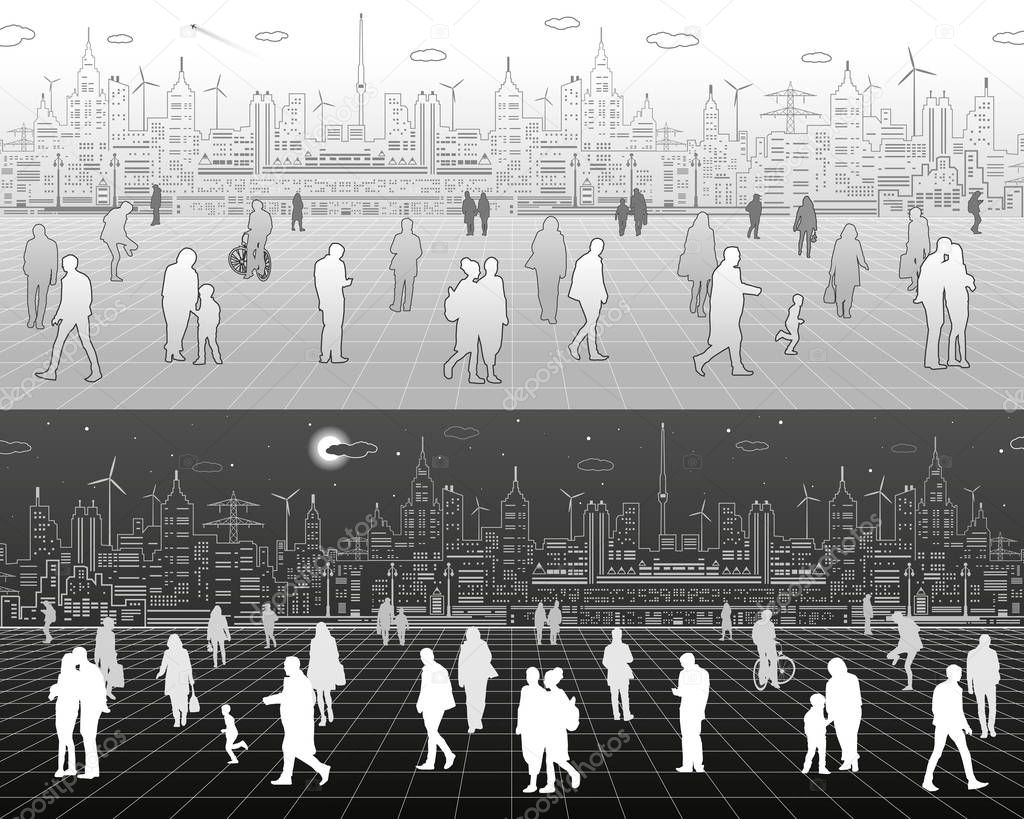 A lot of people walk around the square, against the background of a modern city, vector design art