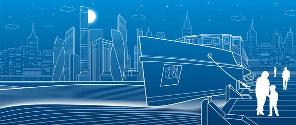 Nehirde gemi. İnsanlar iskelede yürüyor. Modern şehir içinde belgili tanımlık geçmiş. Beyaz çizgiler altyapı illüstrasyon. Vektör tasarım sanat