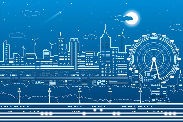 Scena notturna della città, illustrazione delle infrastrutture cittadine, ruota panoramica, skyline moderno, linee bianche su sfondo blu, arte del disegno vettoriale — Vettoriale Stock