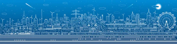 Panorama de la ciudad nocturna, ilustración de infraestructura de la ciudad, noria, horizonte moderno, líneas blancas sobre fondo azul, arte de diseño vectorial — Vector de stock