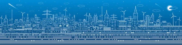 Night city panorama, town infrastructure illustration, ferris wheel, modern skyline, white lines on blue background, vector design art — Stock Vector