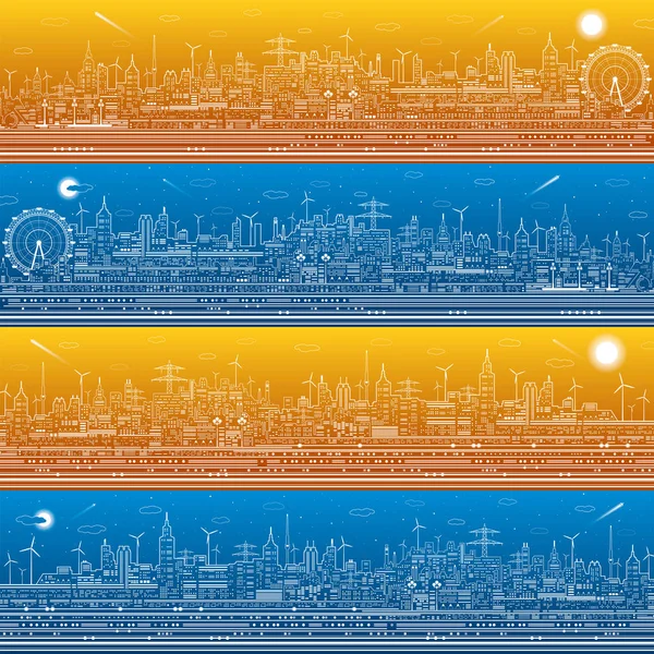 Conjunto de panoramas de infraestructura de ciudad, ilustración de ciudad, noria, horizonte moderno, líneas blancas sobre fondo azul y naranja, día y noche, arte de diseño vectorial — Vector de stock