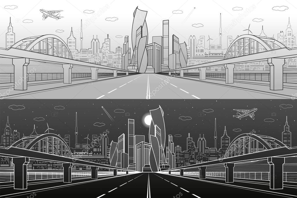 Railway bridge over wide highway. Urban infrastructure panorama, modern city on background, industrial architecture. Airplane fly. White lines illustration, day and night scene, vector design art
