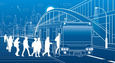 İnsanlar otobüsten in. Yaya kemer Köprüsü. Şehir ulaşım altyapısı, modern arka plan şehirde. Beyaz çizgiler, gece çekimi, vektör tasarım sanat 