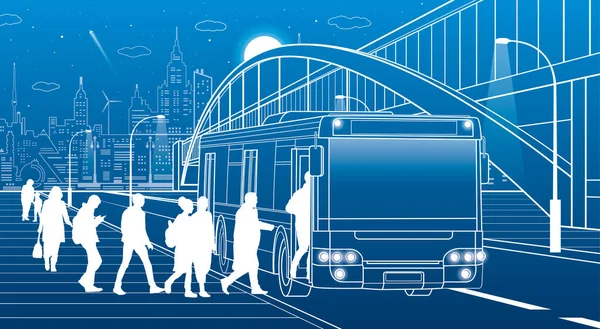 İnsanlar otobüsten in. Yaya kemer Köprüsü. Şehir ulaşım altyapısı, modern arka plan şehirde. Beyaz çizgiler, gece çekimi, vektör tasarım sanat 