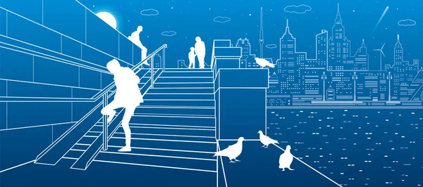 Nehir dolgu, insanlar basamaklarda merdivenlerde. Güvercinler parapetin üzerinde oturuyorsun. Akşam şehir arka planda, vektör tasarım sanat