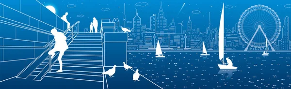 Nehir dolgu, insanlar basamaklarda merdivenlerde. Yatlar su. Güvercinler parapetin üzerinde oturuyorsun. Arka planda akşam şehir. Dönme dolap. vektör tasarım sanat 