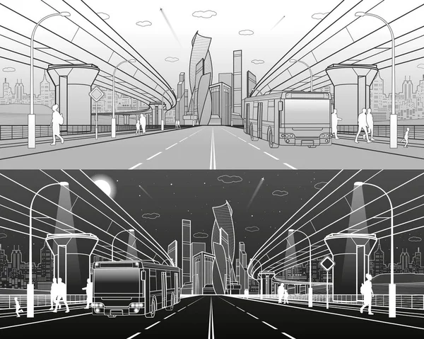 Az utasok bal oldali busz. Híd. Széles autópálya. Városi infrastruktúrával, modern város, a háttér, ipari építészet. Az emberek séta, éjszakai jelenet, vektor design art — Stock Vector