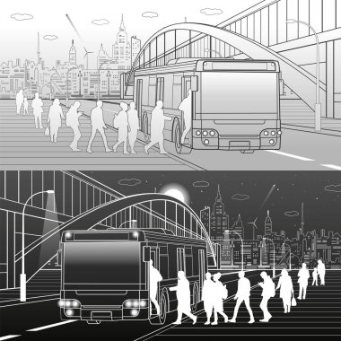 İnsanlar otobüsten in. Yaya kemer Köprüsü. Şehir ulaşım altyapısı, modern arka plan şehirde. Beyaz ve siyah çizgiler, kentsel sahne, vektör tasarım sanat 