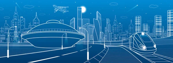 Infrastructure and transportation panoramic. Train rides. Empty highway. House in the form of a UFO. Towers and skyscrapers. Urban scene, modern city on background. White lines, vector design art — Stock Vector