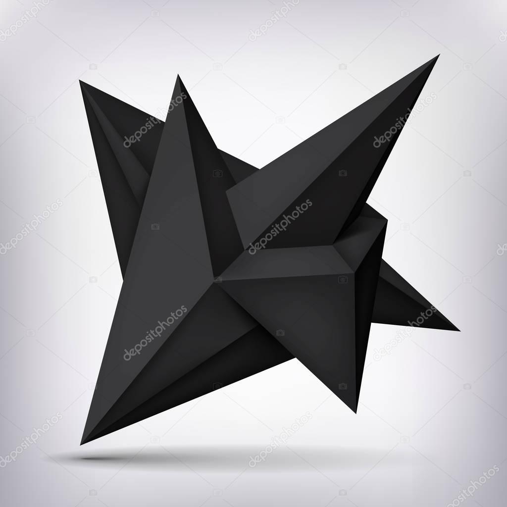 Volume geometric shape, 3d levitation black crystal, creative low polygons dark object, vector design form