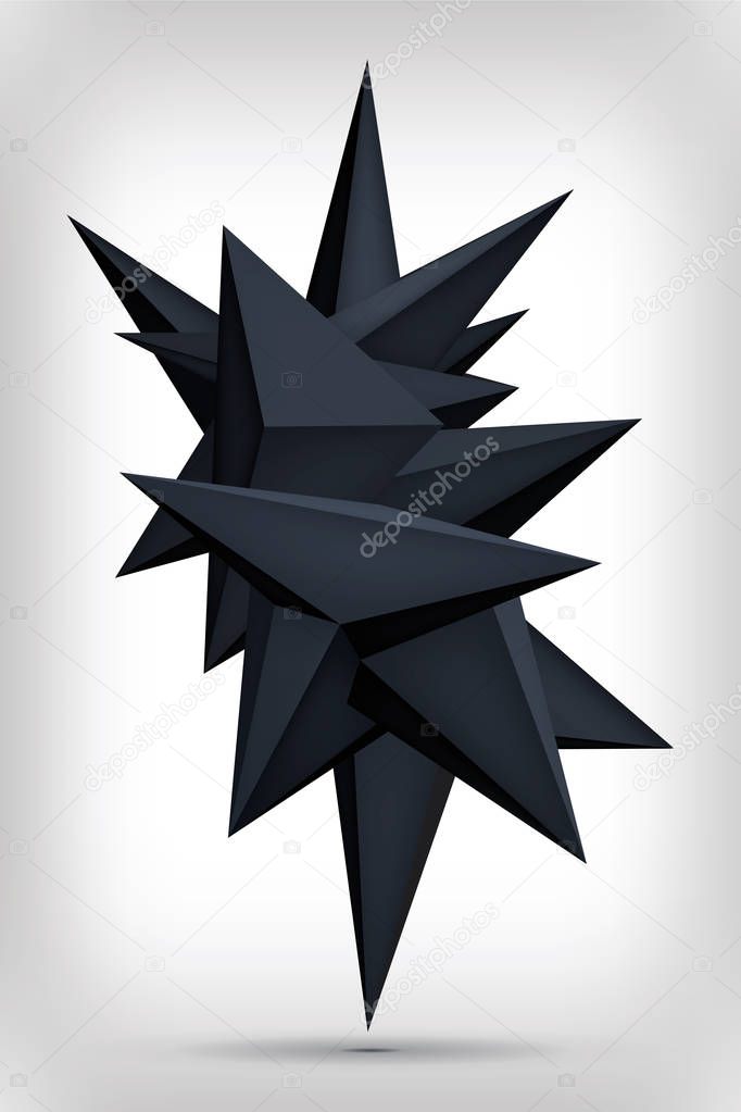 Volume geometric shape, 3d levitation black crystal, creative low polygons dark object, vector design form
