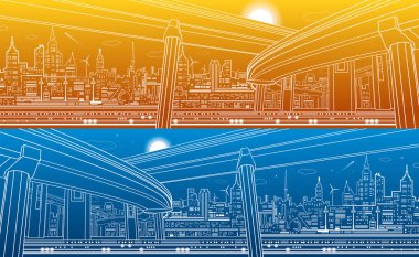 Ulaşım Üstgeçit Köprüsü, kentsel altyapı, modern şehir arka plan üzerinde Tasarım sanat, gece ve gündüz vektör